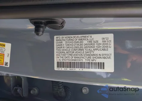 2022 Honda Pilot 2Wd Special Edition из США, поврежденный, VIN 5FNYF5H24NB033970